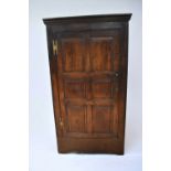 A solid oak George I hall cupboard with plain panel front and sides, doors open to reveal hanging