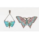 A Charles Horner silver and turquoise enamel butterfly drop pendant, length approx 40mm, together