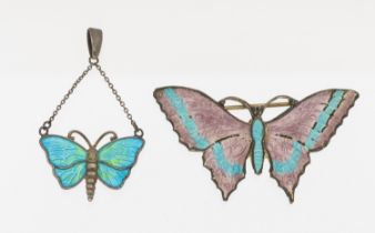 A Charles Horner silver and turquoise enamel butterfly drop pendant, length approx 40mm, together