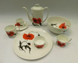 A Susie Cooper Wedgewood corn poppy part coffee service with bowl and large plates,