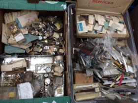Two boxes of mixed wrist watches, parks and pocket watch parts.
