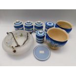 A collection of mid 20th Century Cornish kitchen wares, blue and white along with two early 20th