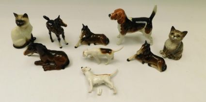 Beswick - nine ceramic figures inc. four brown horses, two cats, two small hunting hounds and a