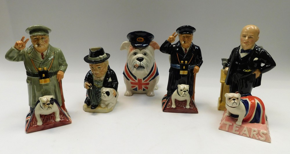 Sir Winston Churchill interest - four porcelain Churchill figures with bulldogs along with a British