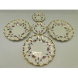Royal Crown Derby: Three Royal Antoinette fluted edged dinner plates (one a second), and two smaller