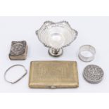 A collection of silver and white metal items to include; an Edwardian silver small bonbon dish, on