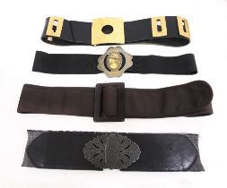 A large collection of belts and modern evening purses: one in gold thread pattern on black