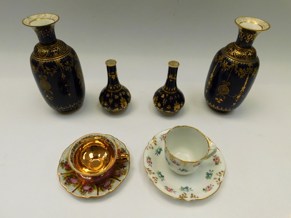 A pair of late 19th Century cobalt blue and elaborate gilt Royal Crown Derby vases along with a pair - Image 6 of 9