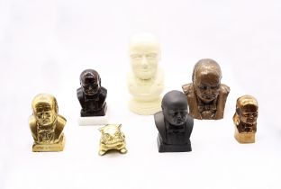 Sir Winston Churchill interest - six desk busts of Churchill in bronze, brass and ceramic along with