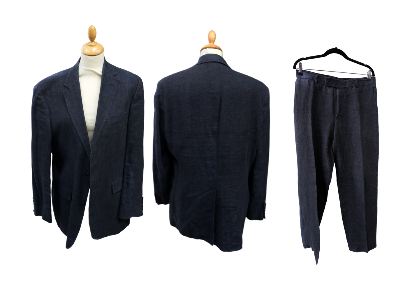 A Hugo Boss dark grey linen suit, flap pockets, two button fastening, top pocket, 100% linen,