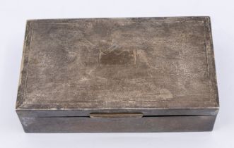 A mid 20th century rectangular engine turned silver cigarette box, cedarwood interior with