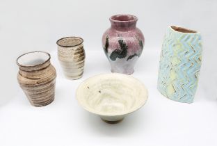 A collection of five 20th century or modern pieces of studio pottery to include a flared bowl,