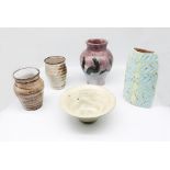 A collection of five 20th century or modern pieces of studio pottery to include a flared bowl,