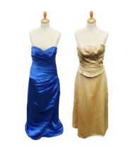 One Forever Yours gold strapless evening dress, size large and one D'Zage blue strapless evening