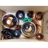 A collection of continental retro glass plates, bowls, glasses, shot glasses etc. chipping to some
