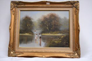 Three late 20th Century oils on canvas  of waterside/lake scenes, two by Les Parson (30 x 40cm)