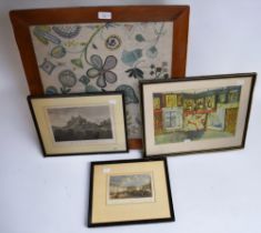 A 19th Century framed wool work, two 19th Century etchings along with another framed print.