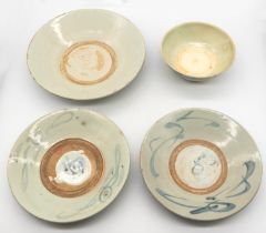 A collection of four far eastern celadon and painted blue Song style pottery (4). Sizes: smallest