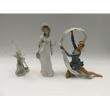 A Nao figure of a dancing lady, Nao herrrings in flight along with Lladro figure of a Edwardian