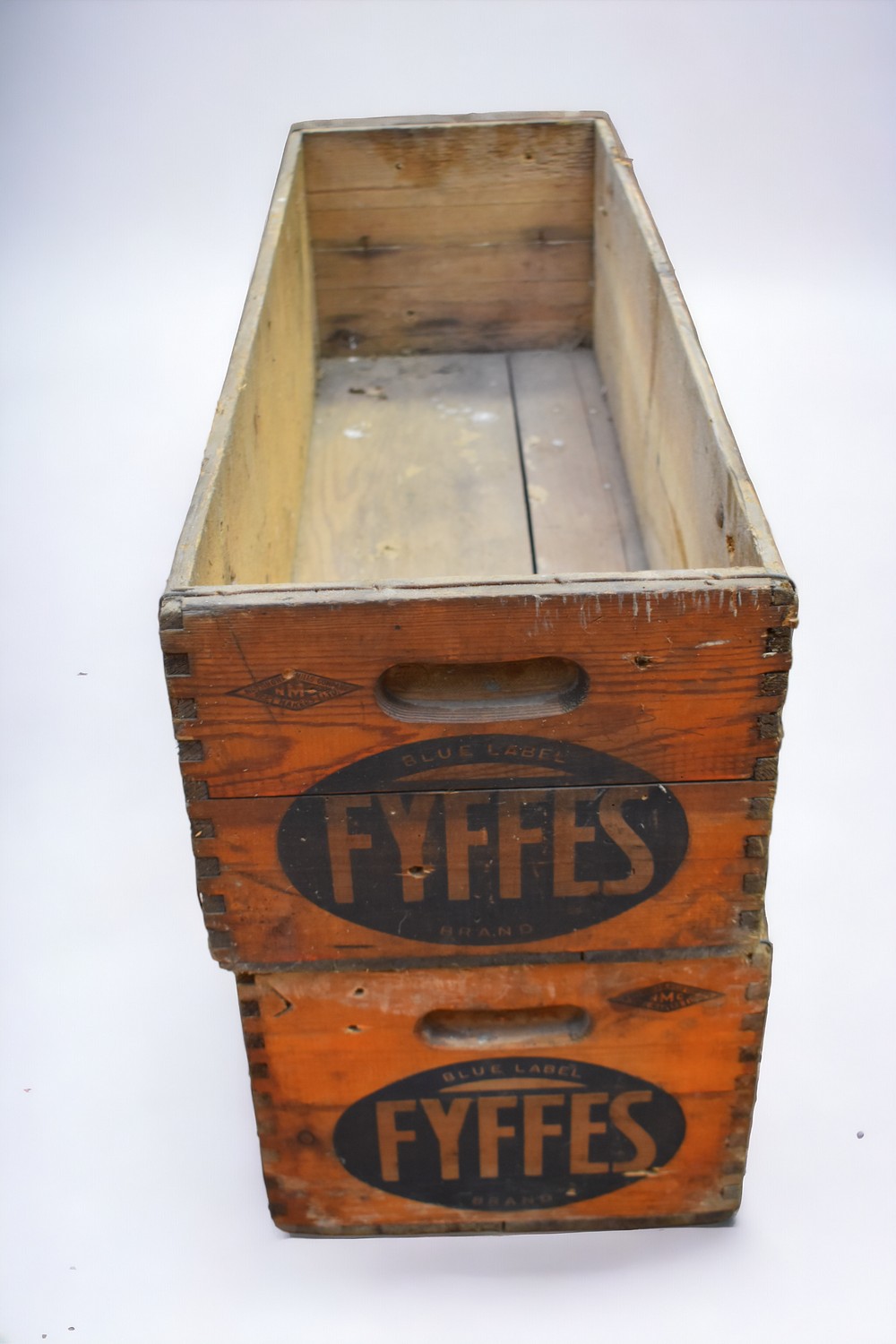 Two 20th century wooden Fyffes banana boxes bearing merchant details, wax treated. 91cm long x - Image 4 of 4