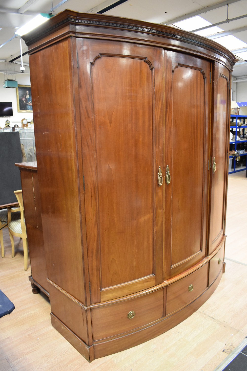 A large Victorian bow front three door mahogany wardrobe with three single base drawers. - Image 3 of 3