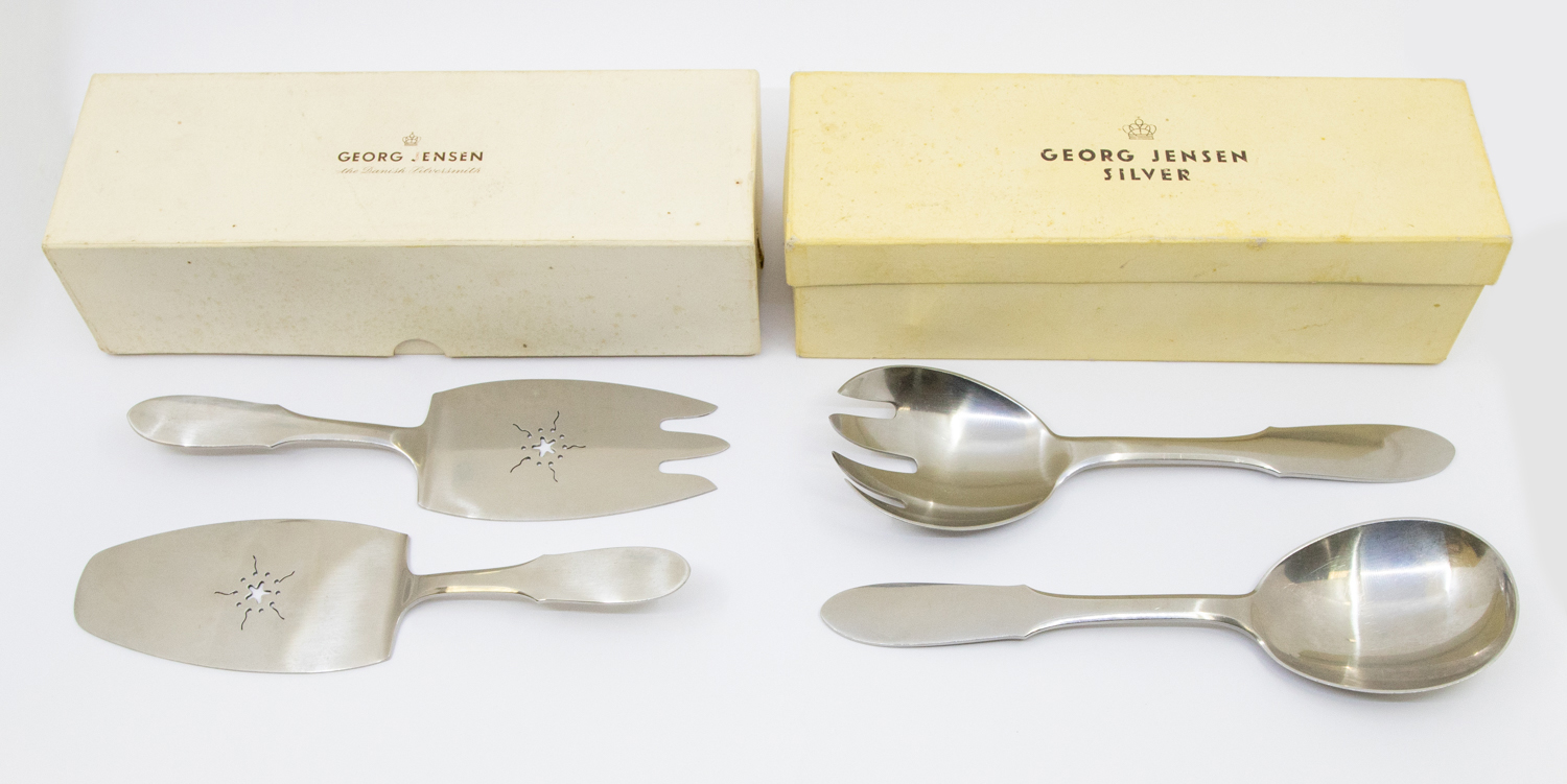 Two boxed sets of vintage Georg Jensen stainless steel salad and cake servers, circa 1950s, in