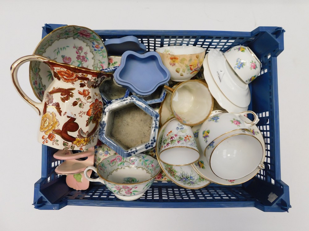 Box of mixed ceramics , to include Royal Winton Chintz tray , Wedgewood trinket boxMasons jug , 2  x