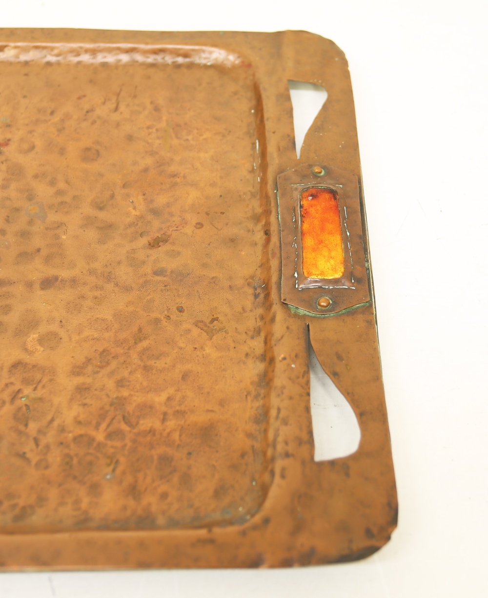 An Arts & Crafts hammered / planished copper two handled rectangular tray, the handles applied - Image 3 of 4