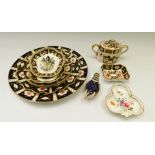 A Royal Crown Derby Wren Paperweight with a ceramic stopper and 2 Limited edition Armorial Dishes in