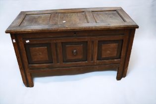 An early 18th Century oak coffer with three panelled front and top on black feet.