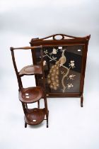 An early 20th century tapestry fire screen along with a cake stand