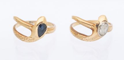 Two 14ct gold stone set serpent rings, one set with a pear shaped rose cut diamond, approx 5x4mm,