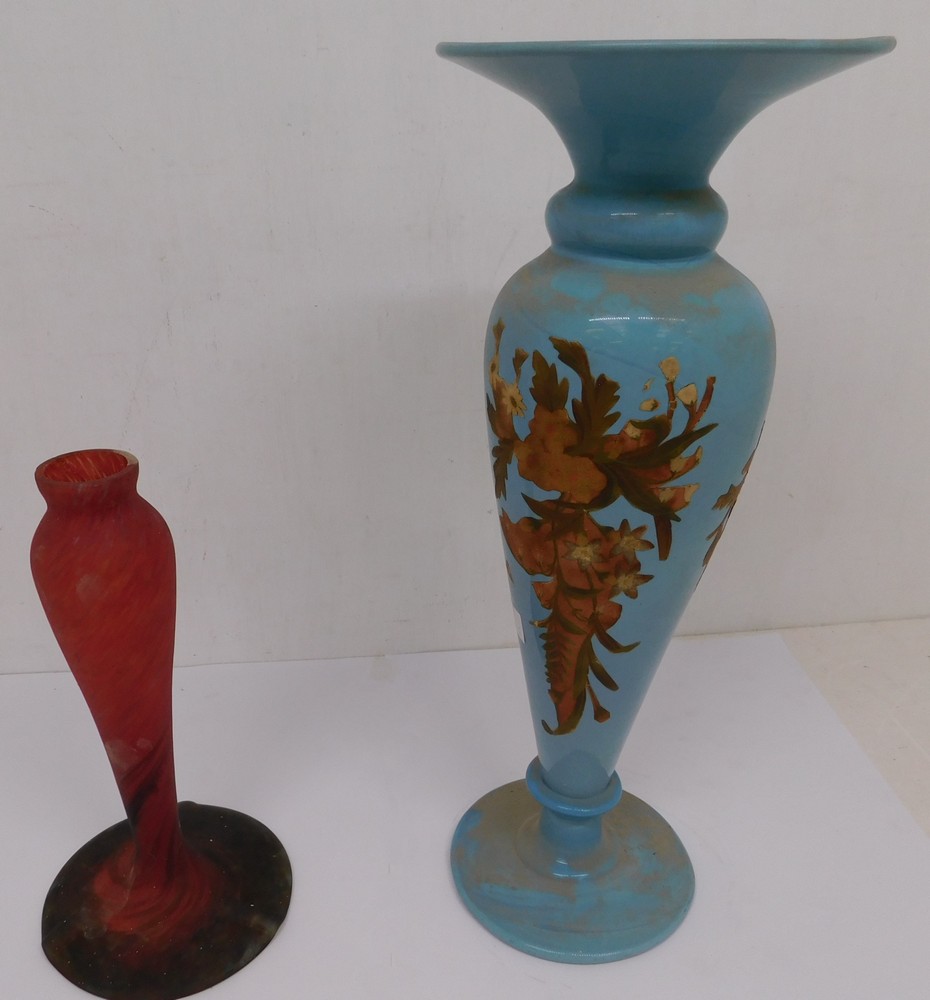 A late Victorian turquoise hand painted vase along with a French early 20th Century vase. - Image 2 of 2