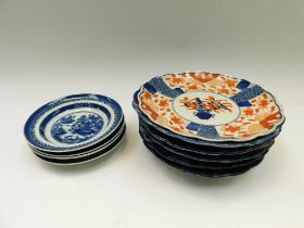 Six Imari plates with fluted rims together with 4 Blue and white transfer printed plates, some