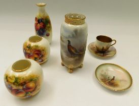 Royal Worcester: footed vase painted with pheasants; a pin dish signed Jas Stinton; a cup and saucer