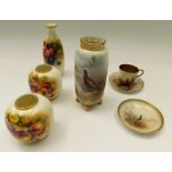 Royal Worcester: footed vase painted with pheasants; a pin dish signed Jas Stinton; a cup and saucer