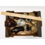 A box of Studio type Pottery to include vases, small dishes & preserve jar together with 2 wooden