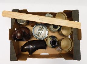 A box of Studio type Pottery to include vases, small dishes & preserve jar together with 2 wooden