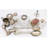 A collection of silver items to include; a set of six George V silver teaspoons, Deco style