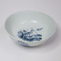 A Christians Liverpool blue and white bowl, printed on the outside with 3 scenes,  fishing scene and