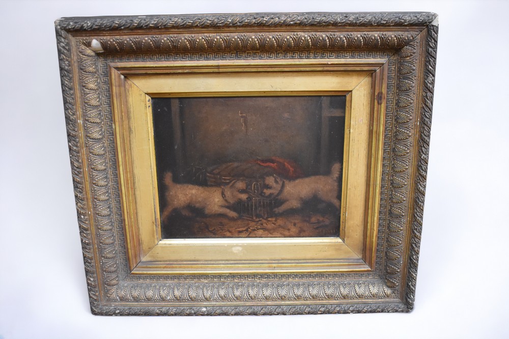 A pair of late 19th century oil on board paintings of terriers (signed). - Image 2 of 3