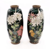 A pair of late 19th century cloisonné vases, green lustre style enamel with decorative mixed