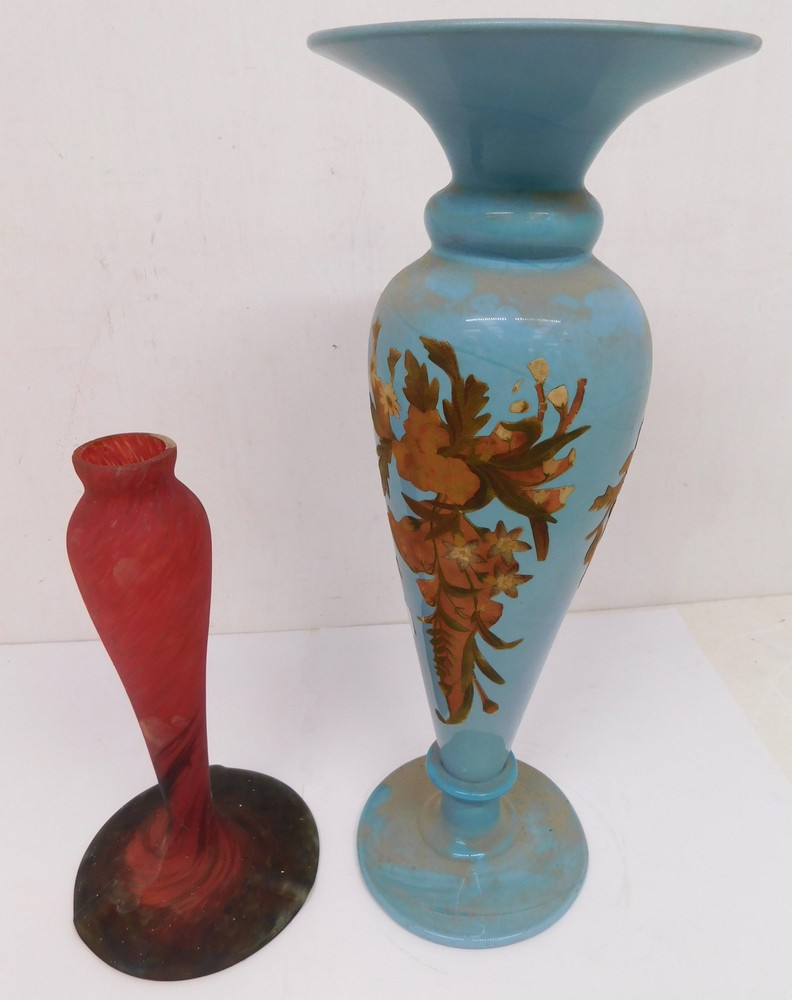 A late Victorian turquoise hand painted vase along with a French early 20th Century vase.