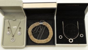 Pandora- a silver and cz halo necklace and earrings set, cased, together with a similar 925 silver