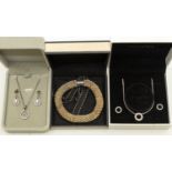 Pandora- a silver and cz halo necklace and earrings set, cased, together with a similar 925 silver