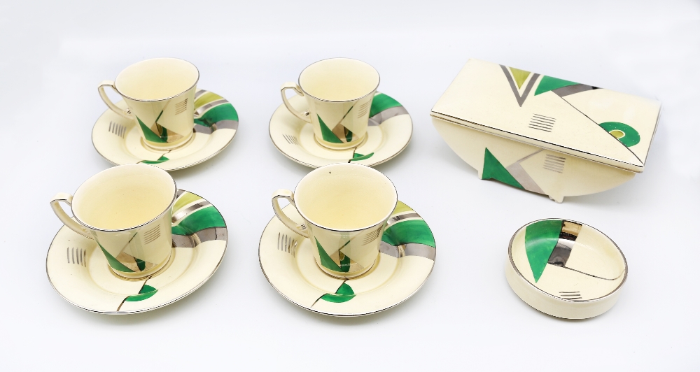 Crown Devon - A collection of Art Deco pieces to include; four cups and saucers, a circular pin/ - Image 2 of 7