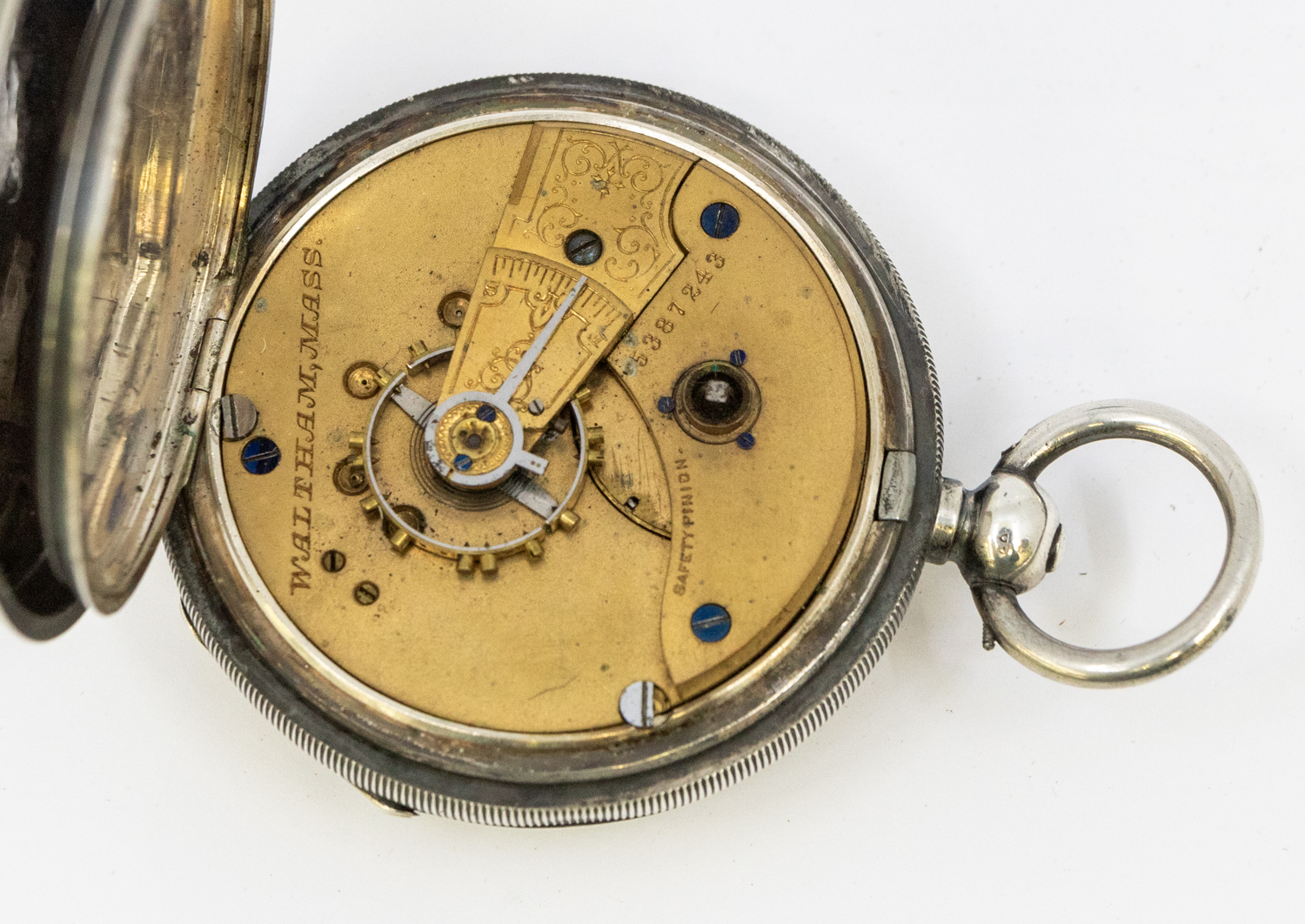 Waltham- an American silver cased pocket watch, comprising a white enamel dial signed A.W W Co, - Image 2 of 2