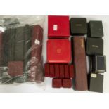 A collection of jewellery boxed to include three Omega watch boxes, together with generic plastic