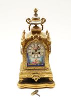 A 19th Century French gilt Louis XVI mantle clock on stand with Paris porcelain tile inserts of