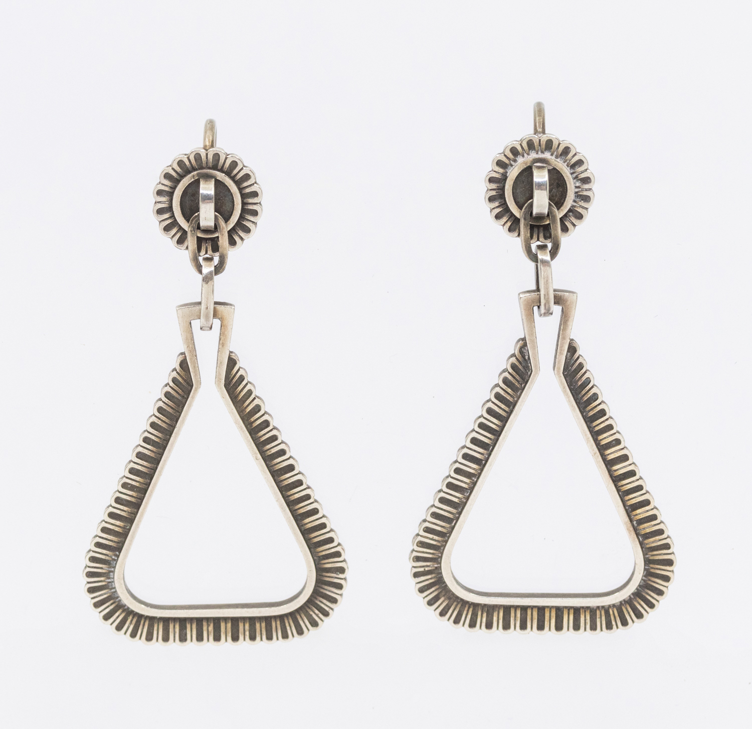 Georg Jensen- a pair of Danish Modernist silver triangular drop earrings design number 92C, circular